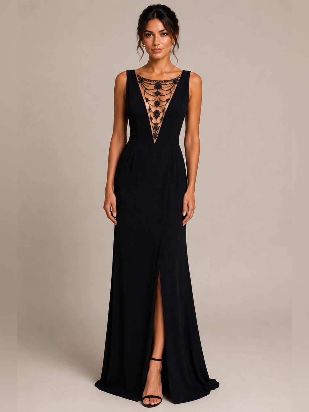 Adrianna Papell Black Beaded Illusion Neckline Evening Gown Black Tie Dress - Picture 7 of 13